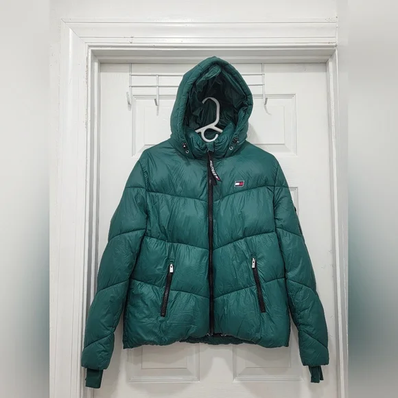 Tommy Hilfiger Green Hooded Puffer Jacket Sz Large - Picture 2 of 16